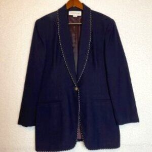 JONES NEW YORK WOMEN'S BLAZER SIZE 10 NAVY W/ GOLD PIPING 100% PURE WOOL-USA
